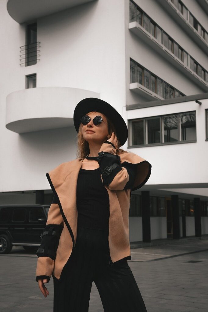 woman, hat, coat, japanese style, minimalism, portrait, building, city, constructivism, architecture, columns
